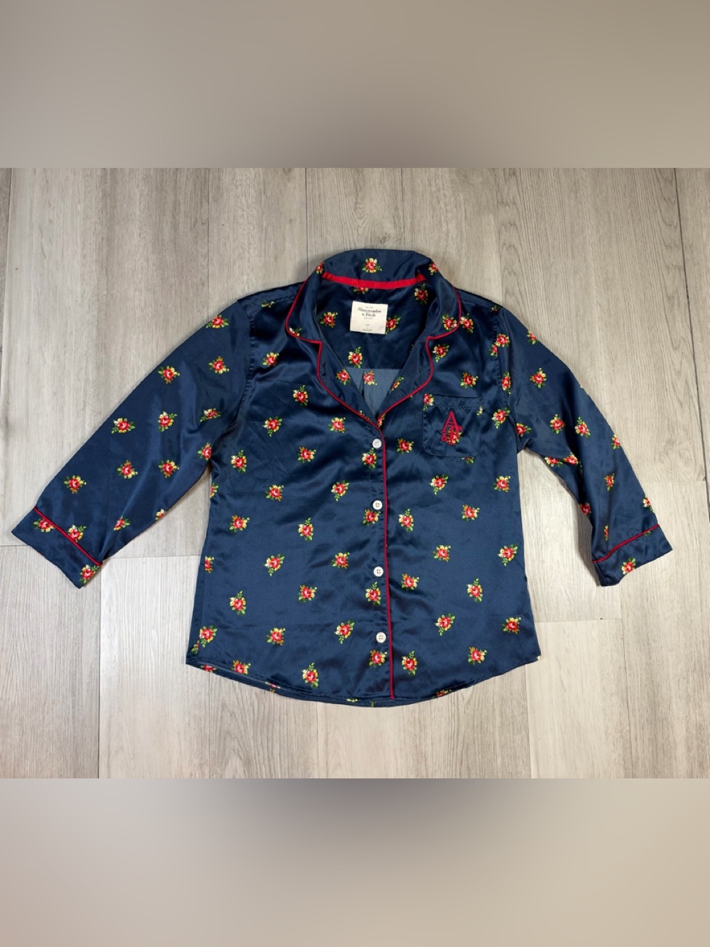 Abercrombie & Fitch Satin Collared Button Up Pajama Top Blue Floral Sz L.